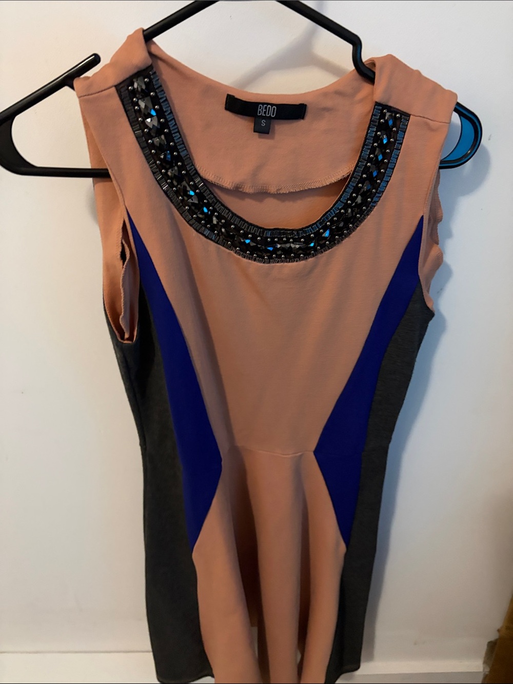 BEBE Peach Colorblock Embellished Neck Dress